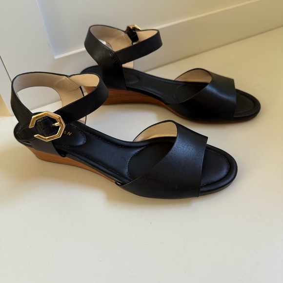 Cole Haan Shoes - Cole Haan Black Wedge Sandals with Gold Buckle